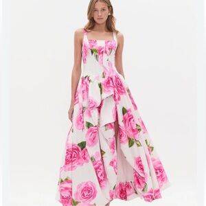 Aje White Maxi Dress with Pink Rose Print